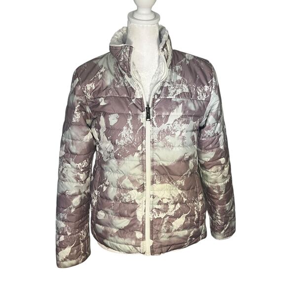 North Face Coat Youth Girls Purple White Mossbud Swirl Reversible Jacket Size L - Picture 1 of 9